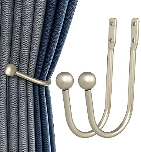 Curtain Holdback, 2 Pcs Wall Mounted Drapery Tiebacks with Screws, Heavy Duty Metal Decorative Window Drapery Holder Curtain Hook, Silver