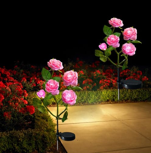 Lumières solaires Jardin-Lumières de chemin solaires Lampes solaires à LED extérieures décoratives avec 10 fleurs roses, pour la décoration de allée de allée de jardin de pelouse imperméable (rose)