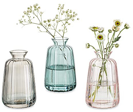 Glass Vases for Flowers Small Vase for Table Decoration, 3Pcs Vintage Bud Vases Coloured Ribbed Mini Vase Set for Kawaii Living Room Decor Bedroom Wedding Centrepieces