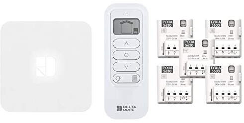 Delta Dore Pack Tyxia 642 connecté pour le contrôle via application de 5 volets filaires avec 5 récepteurs, 1 télécommande et une box maison connectée. Volets connectés, Commande vocale 6351437 Blanc