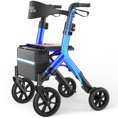 WALK MATE Rollator Walker for Seniors 5.3~7ft Tall, Height-Adjustable Seat, Built-in Cable, 10 Inch Wheels, 16.5 lb Lightweight & Compact Folding Design, 300 lb Capacity, Blue