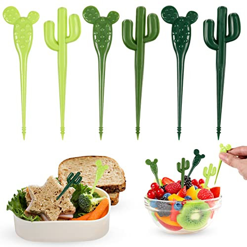 QESSUVNC 6 Stück Food Picks Kinder Wiederverwendbare Obstgabeln Kinder Mini Cactus Muster Zahnstocher Tragbare Obstspieße Kinder Bento Box Zubehör für Obst Dessert Kuchen Brot Partyzubehör Dekoration