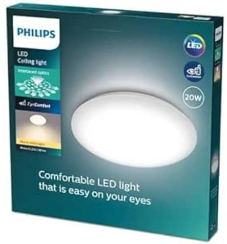 PHILIPS LED Moire Deckenleuchte (20 W), runde LED Leuchte mit warmweißem Licht, energiesparende Raumbeleuchtung mit EyeComfort, weiß