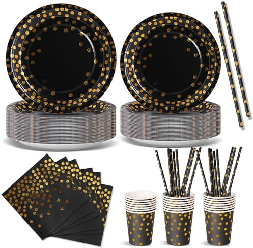 Nkaiso Anniversaire Vaisselle de fete 120 Pièces Noir Or Party Assiette Anniversaire Set Comprendre Assiette Jetables Papier Tasses Serviettesr pour Party Decoration Baby Shower -24 Invités