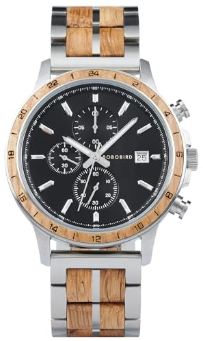 BOBO BIRD Men's Wooden Watch with Stainless Steel Wood Strap, Japanese Quartz Movement, Multi-Functional Chronograph Watch for Business and Daily Wear (Silver)