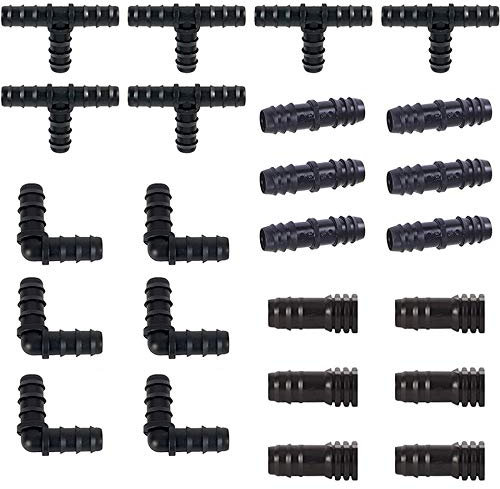 Rfeeuubft Bewässerungs-Set für Tropfschlauch – 6 T-Stück, 6 Anschlüsse, 6 Enden, 6 Ellbogen – Tropfbewässerungssysteme, kompatibel mit 16 mm