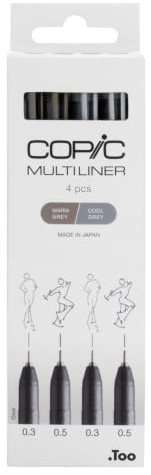 COPIC Multiliner Set, Grey, 4 Fineliner in 2 verschiedenen Farben und Strichstärken, Zeichen Stifte mit einer feinen Spitze und wasserbeständiger Pigmenttinte