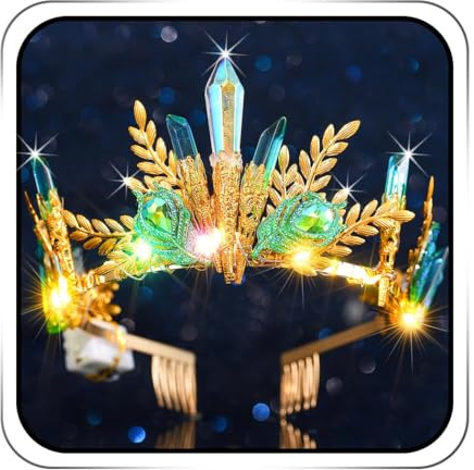 IYOU Quarz Barock Led Krone Grün Kristall Leuchtende Kronen Blatt Braut Tiara Königin Hochzeit Braut Haarschmuck für Frauen