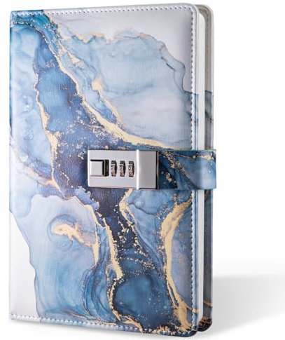 Diary with Lock, A5 Lockable Journal, PU Leather Combination Lock Diary, Lock Diary Planner Organizer for Men and Women, Office Product 8.6 x 5.9 in- Blue