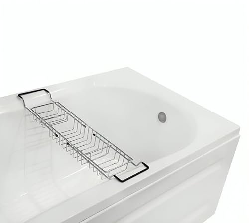 Extendable Bath Tub Rack Bridge Storage Tray Caddy with Chrome Plated Non-Slip Rubber Handles Rust Resistant Scratch Proof Black End Coating