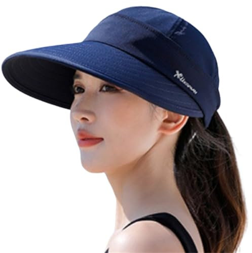 HIQIU Sonnenhut Damen Sonnenschutz Breite Krempe Visor Cap, Top Abnehmbar Kappe mit Reißverschluss Sommerhut Sonnenmütze für Golf Reisen (DE/NL/SE/PL, Alphanumerisch, Einheitsgröße, M, Marineblau)