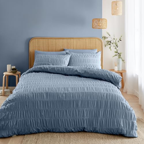 Catherine Lansfield Parure de lit Double en Seersucker avec Housse de Couette et taies d'oreiller Bleu