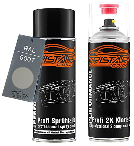 TRISTARcolor 2K Spraydosen Set RAL 9007 Graualuminium Metallic seidenmatt Basislack 2 Komponenten Klarlack Sprühdose Spritzlack Sprühlack