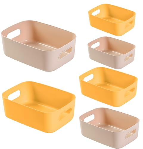 Vivikivi 6-Pack Plastic Storage Bins Baskets of 3 Sizes, Cabinet Organizer Pantry Organizing Baskets with Handles, Cupboard Box Containers for Home Kitchen Bathroom Classroom Office, Yellow and Beige
