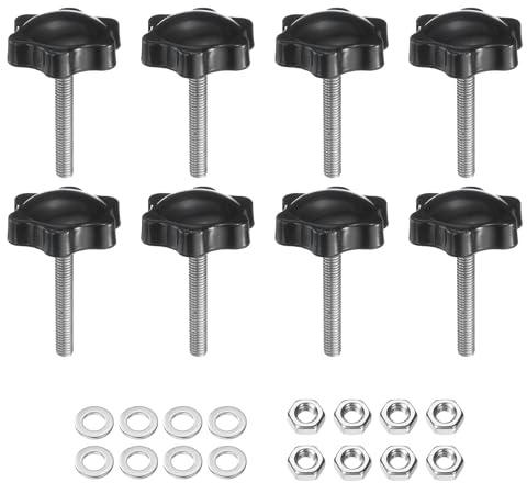 sourcing map 8pcs Star Clamping Knobs with Nuts Washers, M5 x 30mm Metric 304 Stainless Steel Male Thread 32mm 6-Star Plastic Head, Threaded Stud Hand Knobs Handles Thumb Screws, Black