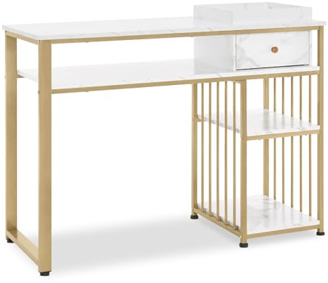 M MCombo Escritorio con cajones, Mesa de manicura con Estante, Mesa de manicura de Madera, Estructura de Metal, tocador sin Espejo, salón Moderno, mármol Blanco Dorado, 45 x 110 x 80,5 cm, 2498