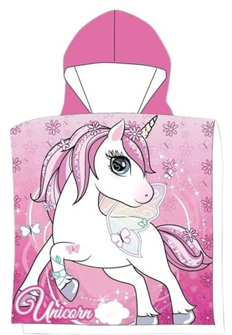 damaloo Einhorn Kinder Badeponcho 55x110cm groß aus Baumwolle - Bademantel für Mädchen & Jungen – Einhörner Poncho mit Motiv - Kapuzenhandtuch für Kinder 55x110 cm