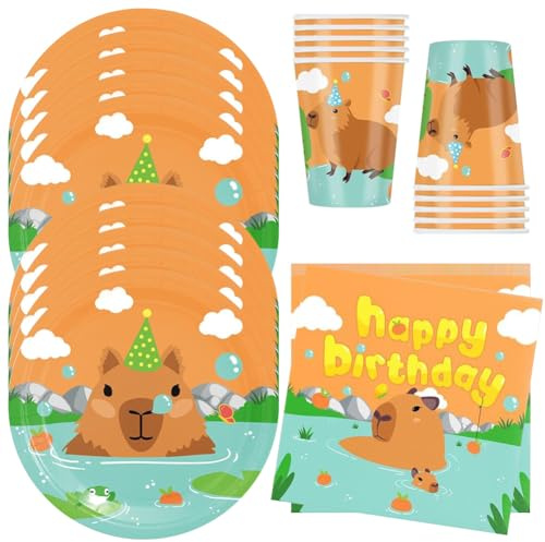 MEZHEN Capybara festservis barnfödelsedag dekoration födelsedag party servis djur papperstallrik mugg servetter baby party bordsdekoration set A