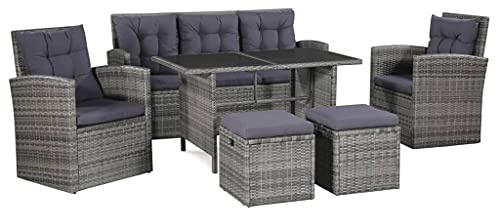 Emmtore 6-TLG. Garten-Lounge-Set mit Auflagen Poly Rattan Sitzgarnitur Sitzgruppe Gartengarnitur Grau