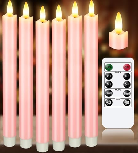 KSWING Upgraded Real Wax LED Flameless Pink Taper Candles with Remote, 6 PCS Candlesticks Battery Operated 3D Flickering - 9.6 Long Realistic Fake Candle Sticks for Home/Wedding/Fireplace Xmas Decor
