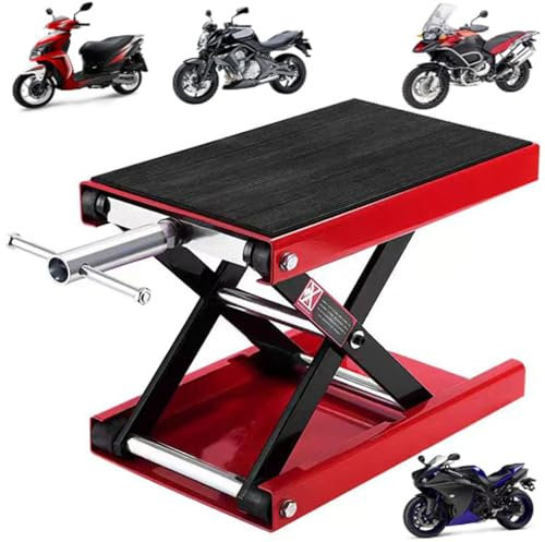 Gato elevador de tijera para motocicleta con manivela, soporte de elevación central resistente, cubierta ancha y bandeja de herramientas, ideal para mantenimiento de bicicletas de calle y crucero