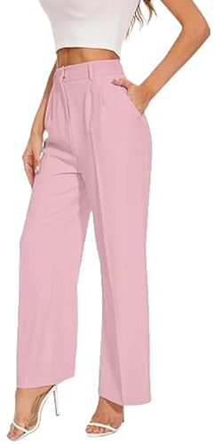 Pantalón amplio para mujer con pliegues en la parte delantera y bolsillos, pantalón largo elegante para la oficina, pantalón informal, rosa, XL