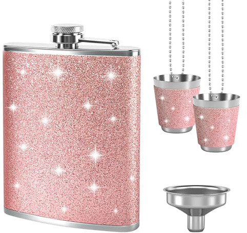 Petaca rosa de 240 ml, con embudo y 2 tazas pequeñas, a prueba de fugas, de acero inoxidable, para senderismo, fiestas