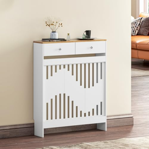 Luxstein Radiator Cover with Drawers, White Wooden Radiator Shelf Pipe Covers Cabinet with Wavy Grill for Living Room Bedroom Hallway, 78Lx19Wx95Hcm