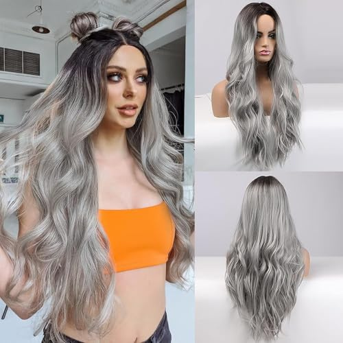 Halloween Perücke Damen,65cm Ombre Grau Lang Wellig Perücken,Perücke Frauen Kostüm Halloween,Silber Grau Lang Lockig Natürlich,Karneval Perücke Grau,für halloween Karneval Cosplay Kostüm Party