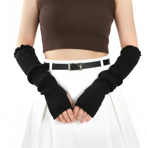 Y2k Gestrickte Armstulpen Damen,Winter Kawaii Handstulpen,Weich Y2k Armstulpen,Japanischer Pulswärmer Damen,Warme Long Fingerlose Handschuhe mit Daumenloch (Schwarz)