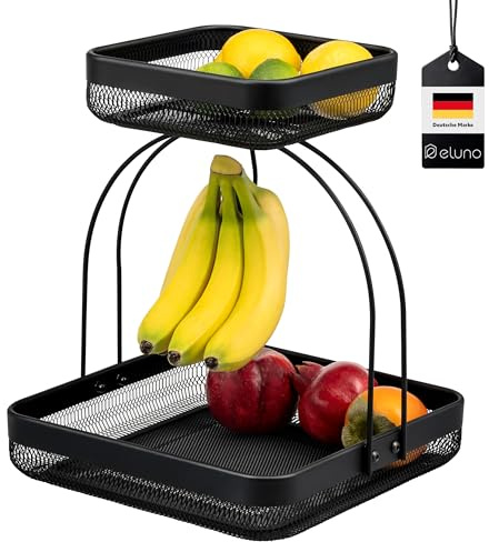 eluno 2-stöckige Obstetagere mit Bananenhalter, Brotkorb, Obstschale, Obstkorb aus schwarzem Metall, viel Platz für die übersichtliche Lagerung von Obst, Gemüse, Brot und Snacks in Küche und Wohnzimme