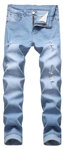 Herrjeans rippade jeans slim fit herr normal passform jeans stretch denimbyxor smala slitna byxor mode slitna byxor komfort flex midja byxor basic tonåring byxor för daglig användning, Ljusblått, XS