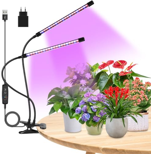 Pflanzenlampe LED Vollspektrum, 2 Heads Wachstumslampe für Pflanzen mit Timer & 10-Stufig Dimmbar, Grow Light mit Auto ON & Off Timer für Hydroponik, Indoor-Garten, Blumen und Gemüse, Energiesparend