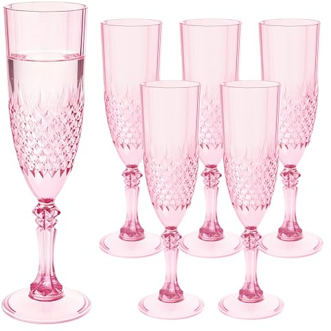 XYUNE 6 Pcs Plastic Champagne Flutes, 200ml Pink Champagne Glasses, Reusable Unbreakable Shatterproof Stemware, Wine Goblets for Mimosa Prosecco Wedding Toasting Bachelorette Party Holidays