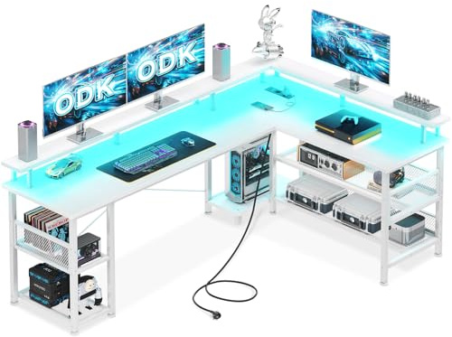 ODK L-format Gaming Skrivbord med LED och Hyllor, 168x120cm, Vit | Reversibelt Hörnskrivbord med Hyllor, USB-port och Eluttag, Gamingbord med Monitorställ