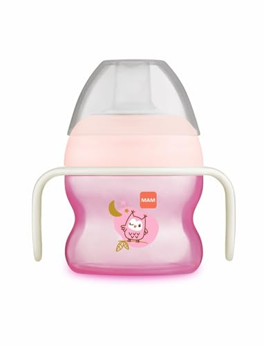 MAM Bicchiere da apprendimento a partire da 4 mesi, 150 ml, beccuccio asimmetrico in silicone facilmente accettabile, con manici che brillano al nero, rosa, confezione da 1
