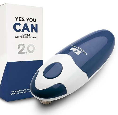 Abrelatas eléctrico Auto 2.0 de Kitchen Mama: Su cuchilla mejorada abre casi cualquier lata. Abridor automático, manos libres, bordes lisos, apto para alimentos, funciona con pilas (Azul marino)