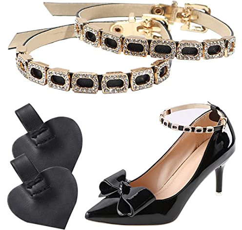 1 Pair High Heels Ankle Straps with Self-Adhesive Heel Cushion Detachable Rhinestones Shoe Straps for Pumps Flats Stilettos Black