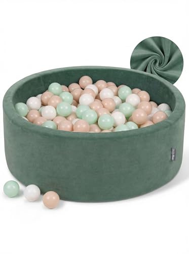 KiddyMoon Rund Bällebad Velvet Bällepool 90X30cm/200 Bälle ∅ 7Cm Ballgruben Für Babys Spielbad Kleinkinder, Hergestellt In Der EU, Waldgrün: Pastellbeige/Weiß/Minze