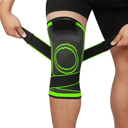 lenpestia Kniestütze 1 Paar mit Verstellbarer Klettverband (Grün, M) | Kniebandage Kompression Knie Bandage für Männer Damen für Arthritis ACL Sport Fitness Volleyball Bike Joggen