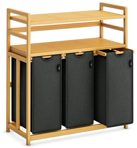 AdelDream Wäschekorb 150L 3 Fächer 2 Regale ausziehbarer und abnehmbarer Wäschesack Wäschesammler Bambusrahmen Wäscheboxen laundry baskets Wäschesortierer Bambus