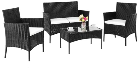 LEADZM Gartenmöbel, Balkonmöbel, aus PE-Polyrattan, Wetterfest, UV-Schutz | Sitzplätze für 4 Personen, Outdoor, für Terrasse, Balkon, Garten, Schwarz