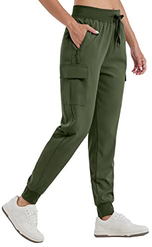 Willit Damen Cargo Jogginghose Wanderhosen Leichte Cargohose Athletisch Outdoor Reise Jogger Schnelltrocknende Workout Casual Hose Wasserdicht Armee Grün M