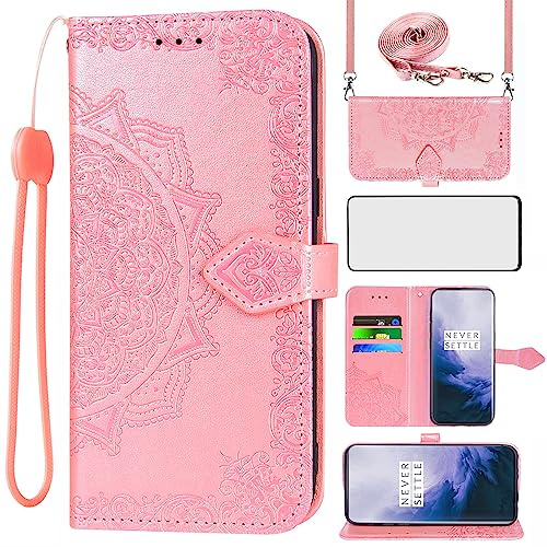 Asuwish Funda Mandala para OnePlus 7 Pro con Cuerda y Cristal Protector de Pantalla Tarjetero Plegable Cadena Cuero Monedero Capa para 7Pro GM1913 Carcasa Phone Case Oro Rosa