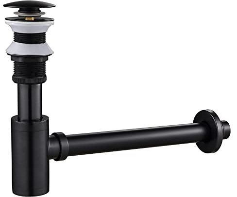 KINKIBOS Designer Siphon with Pop-Up Valve Drain Fitting for Sink, Siphon 1 1/4 Inch Brass Drain Fitting Drain for Bathroom, Odour Trap Including Seals, Black Retro