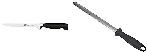Zwilling Vier Sterne Filiermesser, Klingenlänge: 18 cm & Wetzstahl mit Diamant-Beschichtung, Oval, Länge: 26 cm, Kunststoffgriff mit Aufhängöse, Schwarz