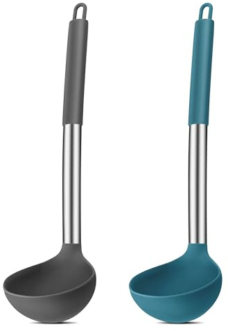 Joyfair 2-teiliges Silikon Suppenkelle Schöpfkelle Set - Grau & Blau | 30cm Groß Soßenlöffel zum Kochen/Rühren/Servieren, Gesund & Antihaft, Edelstahlgriff, Spülmaschinenfest, Hitzebeständig