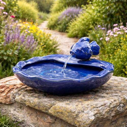 Festive Lights - 37cm Solar Ceramic Fish Water Feature with Glazed Blue Finish - Outdoor Garden Fountain, IP44 Rated, Weather Resistant - Self-Contained, Easy Setup, 3m Lead Cable, No Mains Required