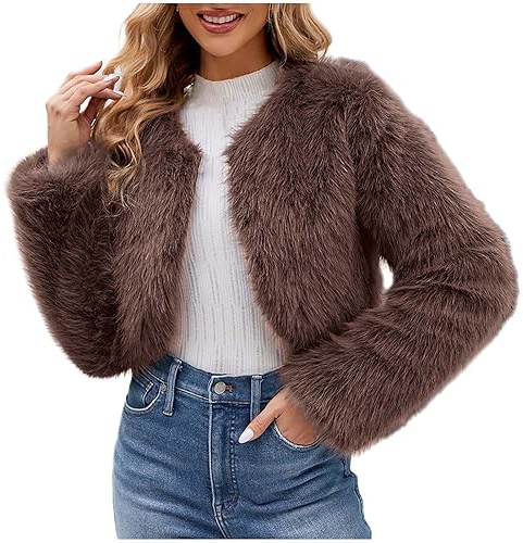 Cropped Faux Fur Jacket for Women Clearance Ladies Faux Fur Wool Coat New Fall Winter Long Sleeve Coat Warm Thicked Jacket Furry Faux Fur Fashion Shaggy Casual Slim Overcoat S-3XL Today's Deals