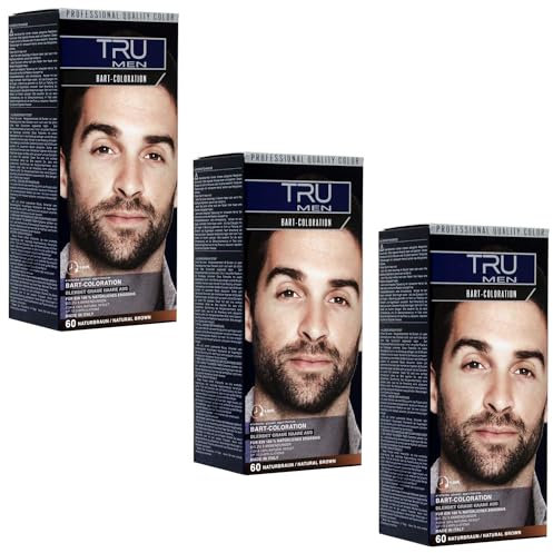 TRU Men Bart-Coloration Färbemittel, 30ml (60 - Naturbraun) 3er Pack – Perfekte Abdeckung grauer Haare für ein natürliches Bartstyling